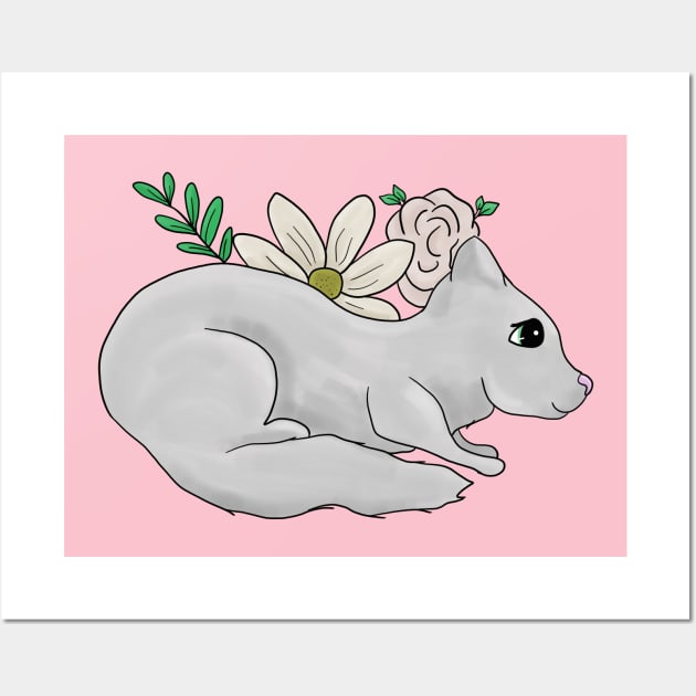 White cat with flowers Wall Art by Antiope